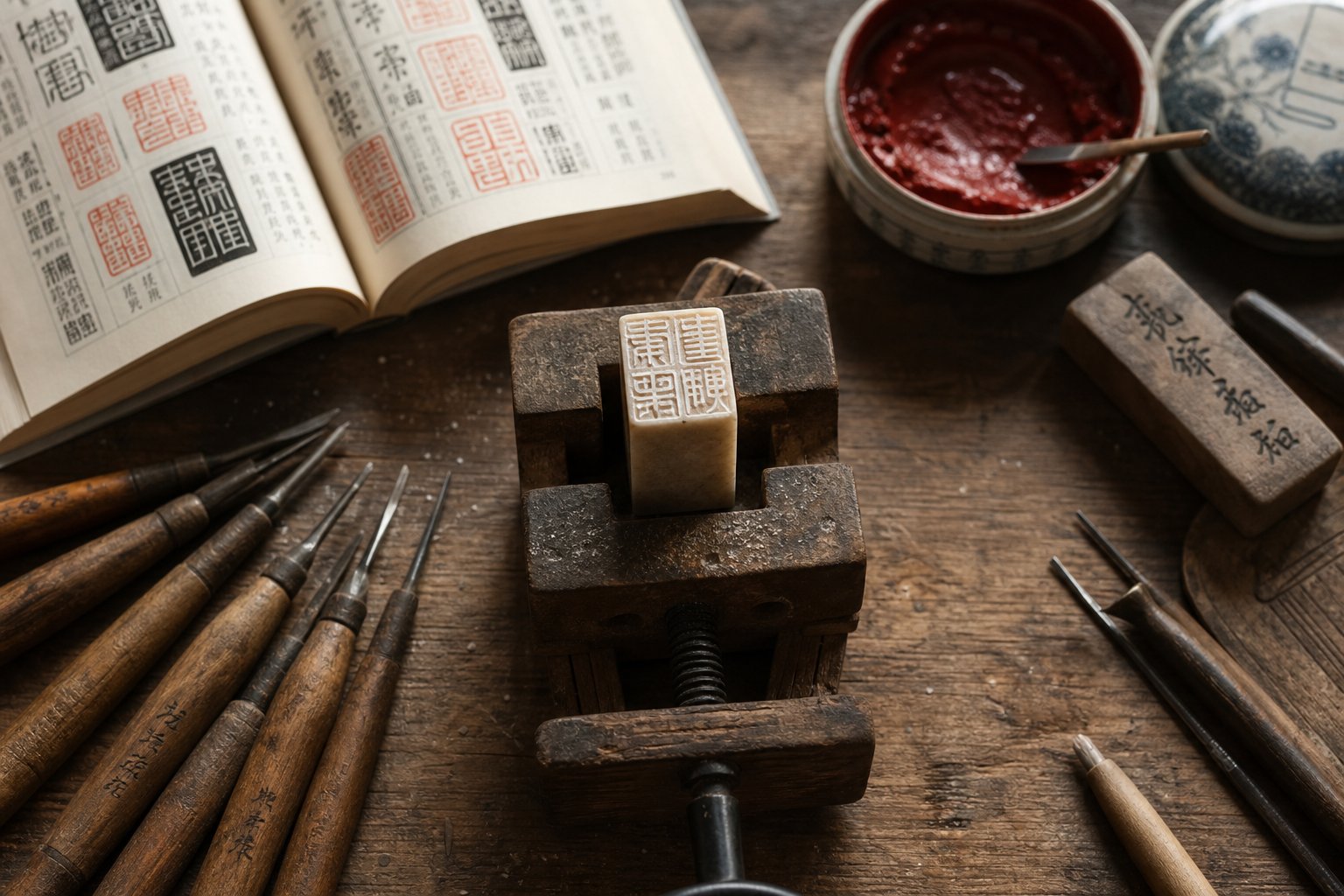 a seal carver's workspace with tools reference materials and a stone seal in progress
