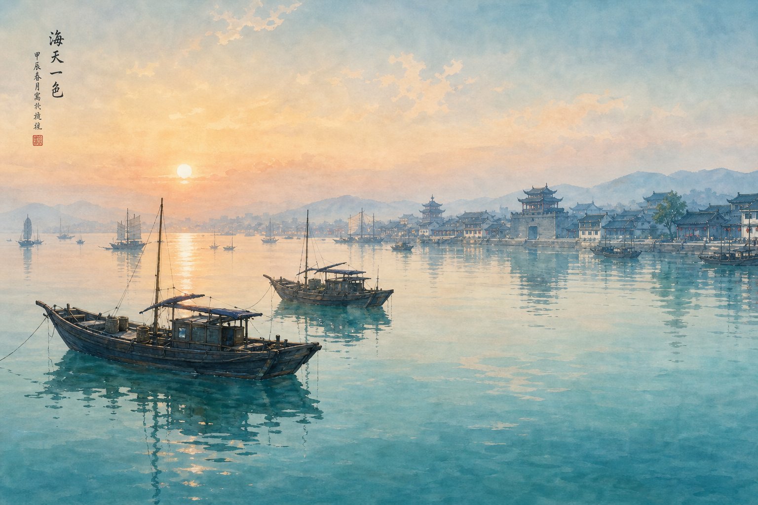 a traditional chinese coastal scene reflecting the maritime heritage behind sea and ocean surnames like hai