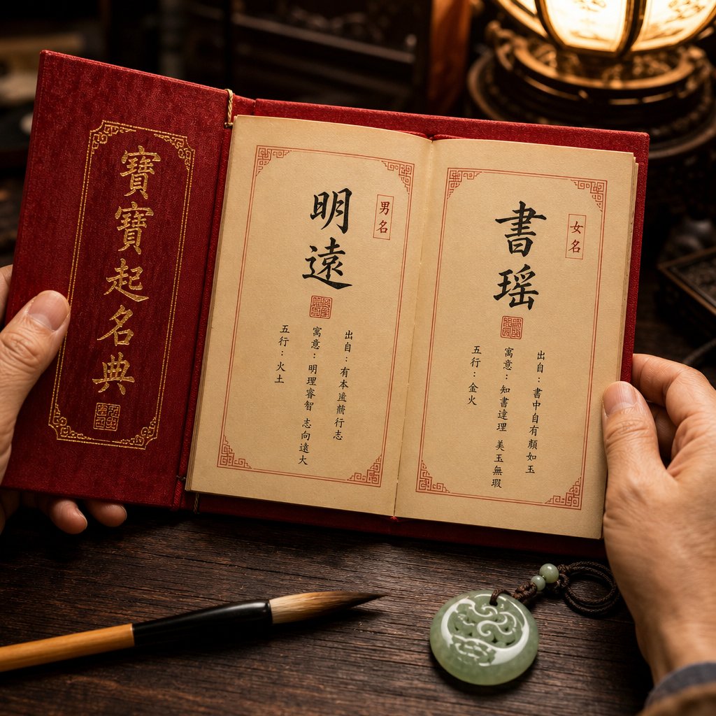 a traditional naming book and calligraphy brush representing the thoughtful process of choosing a meaningful dragon year name