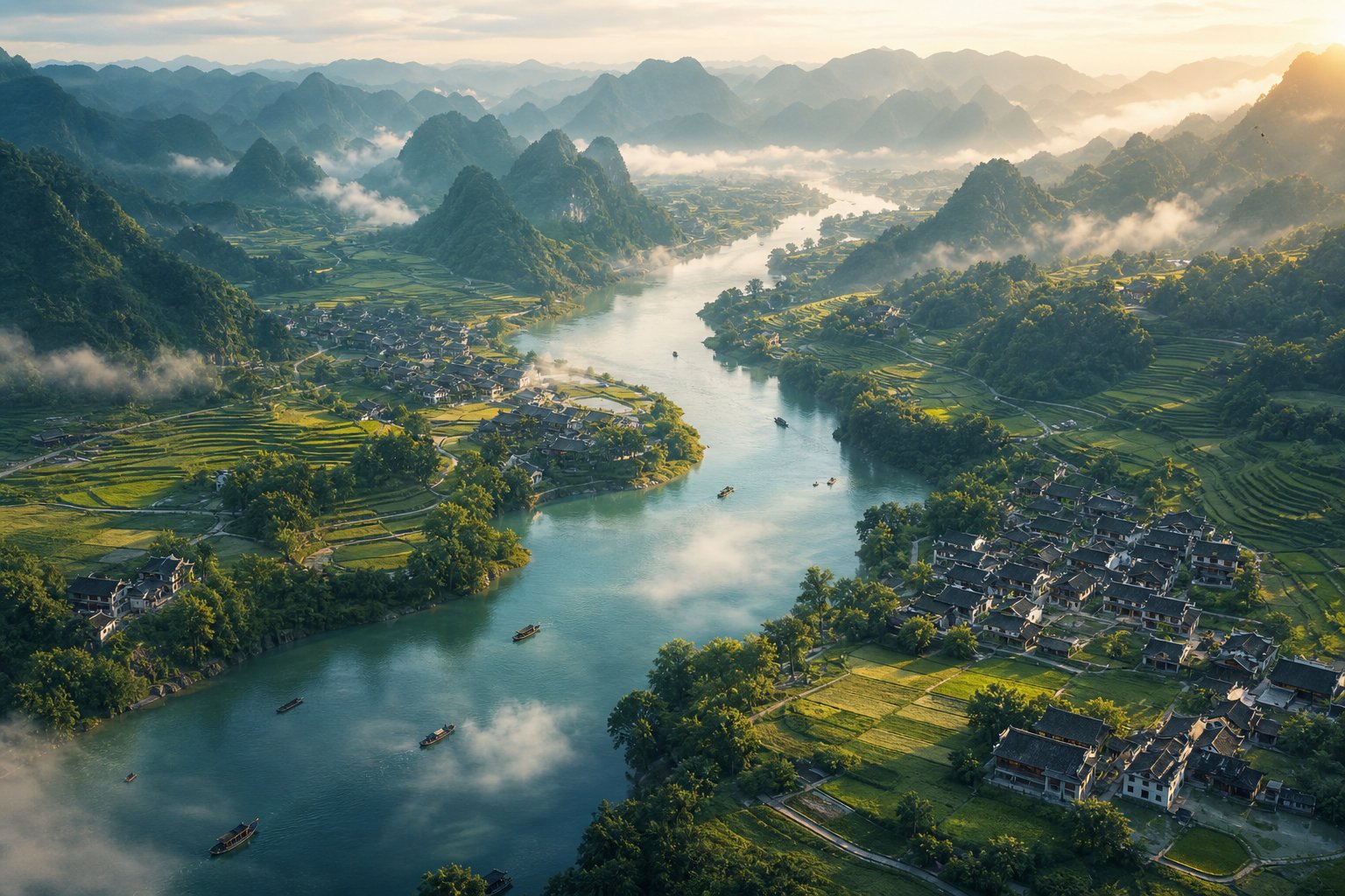 a winding chinese river landscape representing the geographic origins of river based surnames like jiang and he