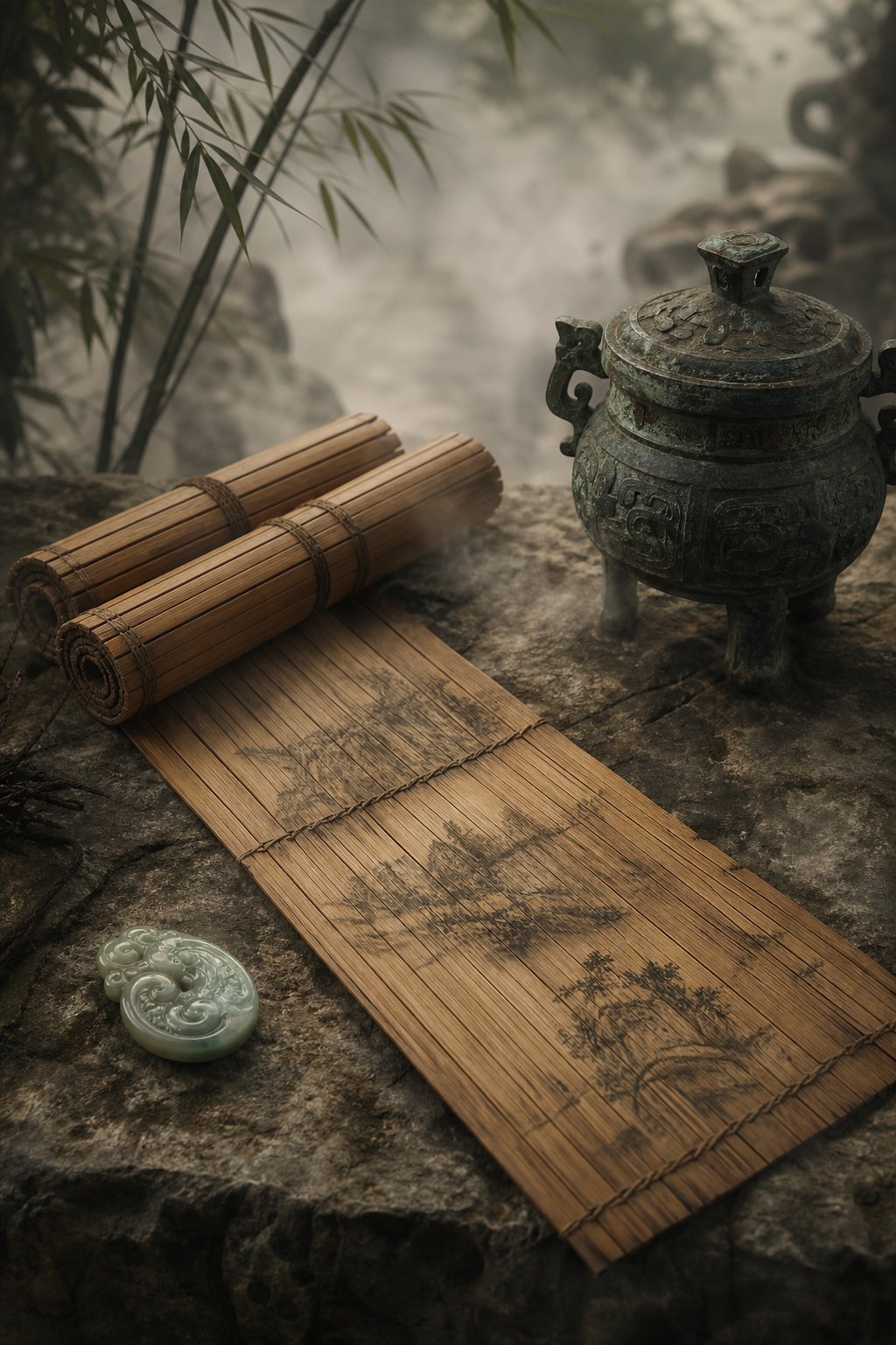 ancient bamboo scrolls evoking the mythological and classical era of chinese civilization