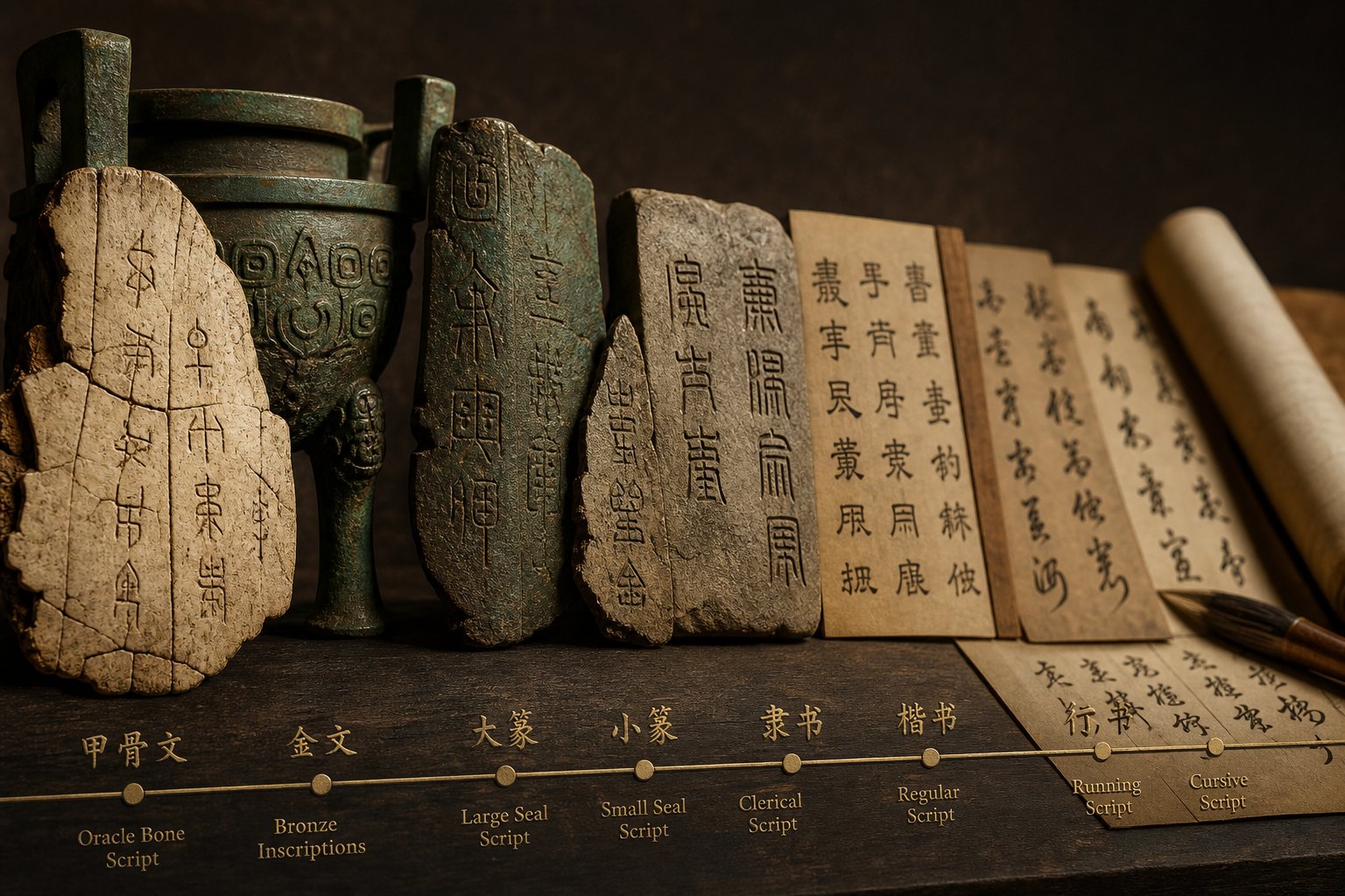 ancient oracle bone and bronze inscriptions showing early forms of chinese peace characters