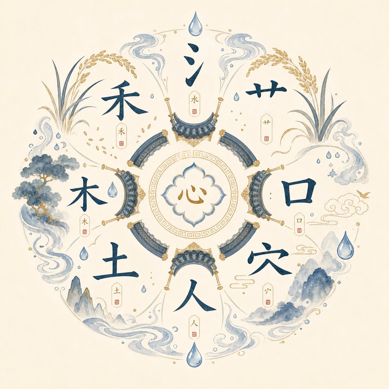 artistic representation of favorable chinese radicals including water grain and shelter symbols for rat year character selection