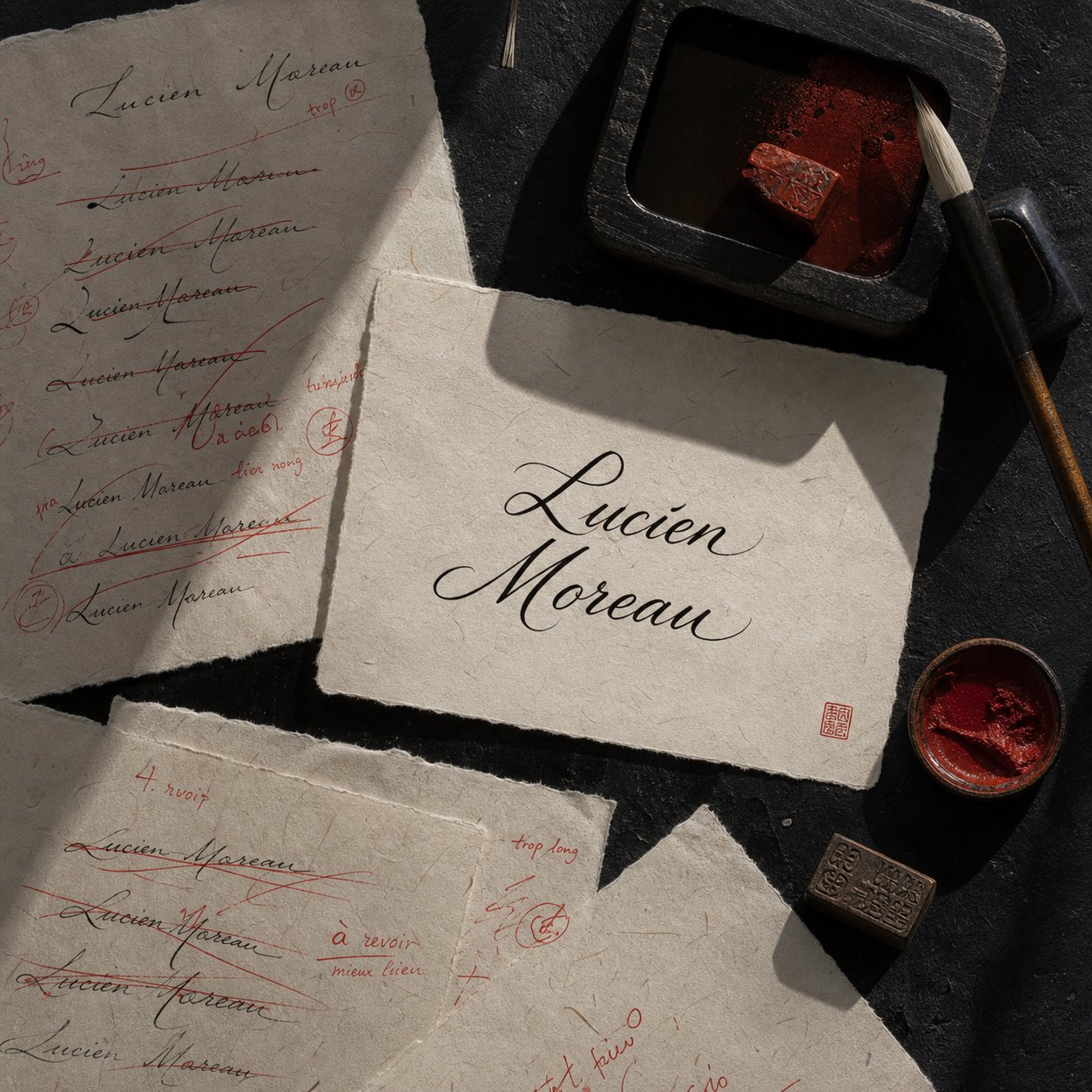 calligraphy workspace showing corrected naming errors alongside a validated japanese male name