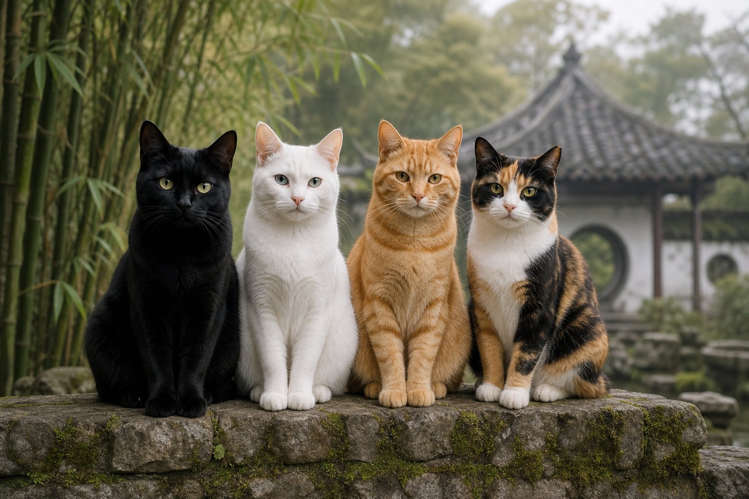 cats of different coat colors representing the appearance based naming tradition in chinese pet culture
