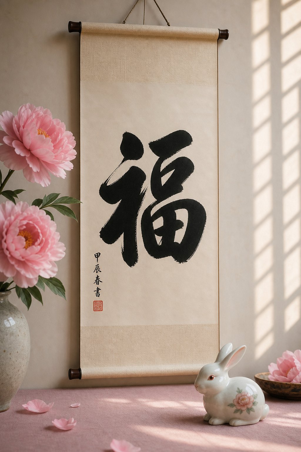 chinese calligraphy scroll featuring a fortune character paired with peonies and a ceramic rabbit symbolizing rabbit year blessings