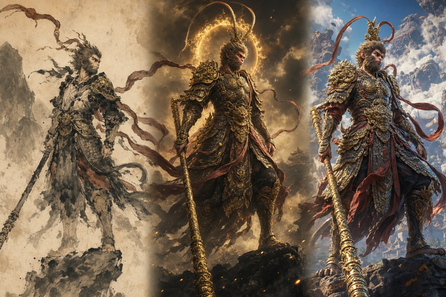 chinese folklore characters depicted across traditional art film and modern video game adaptations