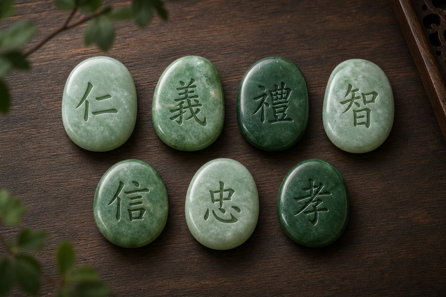 core chinese health characters carved in jade representing different dimensions of wellness