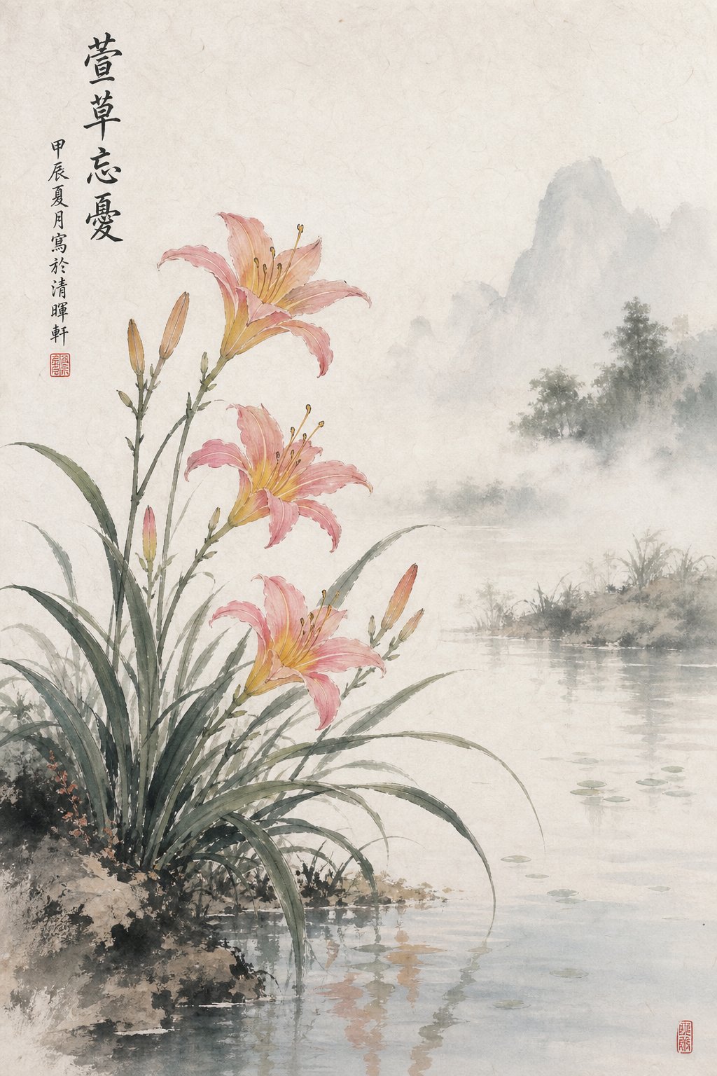 daylily flowers in traditional ink wash style representing healing and nurturing energy in chinese naming