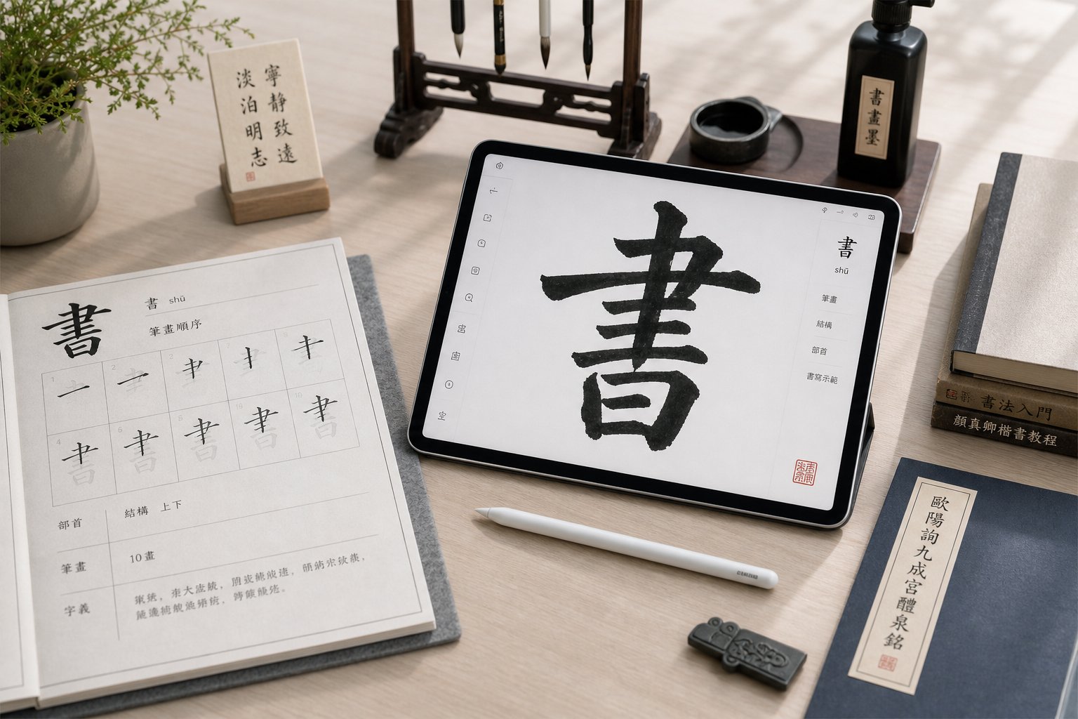 digital workspace combining modern tools with traditional calligraphy references for signature generation
