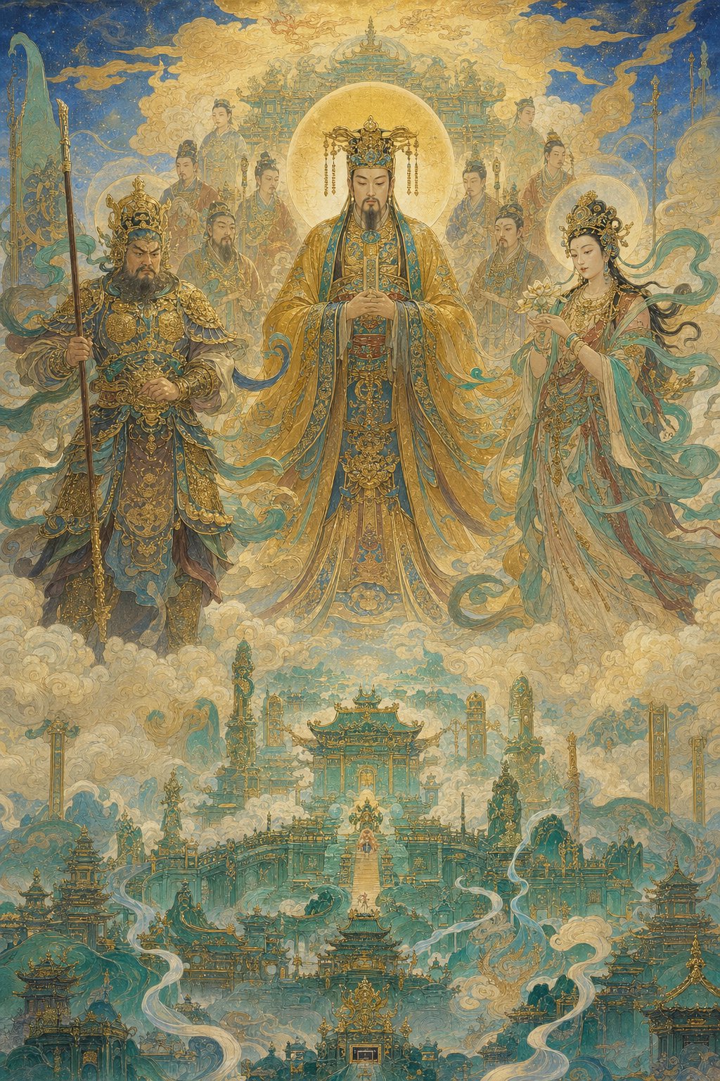 divine figures of chinese folklore gathered in a celestial court above jade palace clouds
