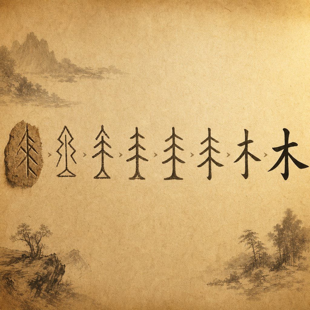 evolution of the wood character from ancient oracle bone carvings to modern brushstroke form