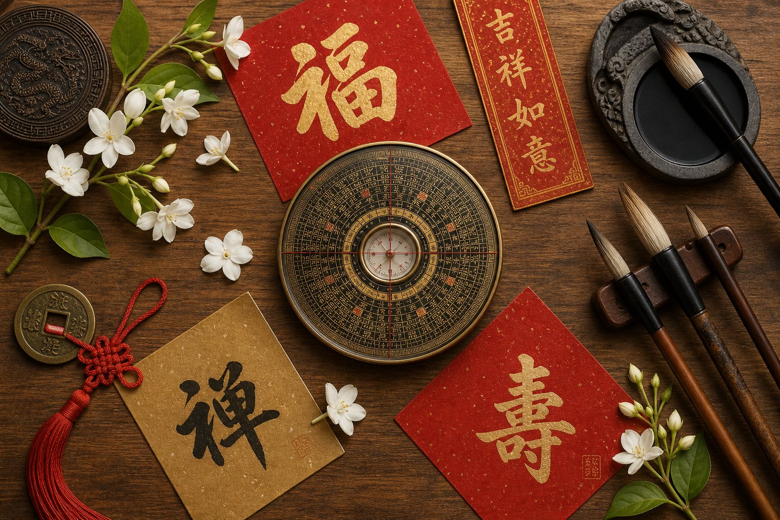 feng shui tools and lucky color pairings used to align chinese characters with auspicious directions for rabbit year displays