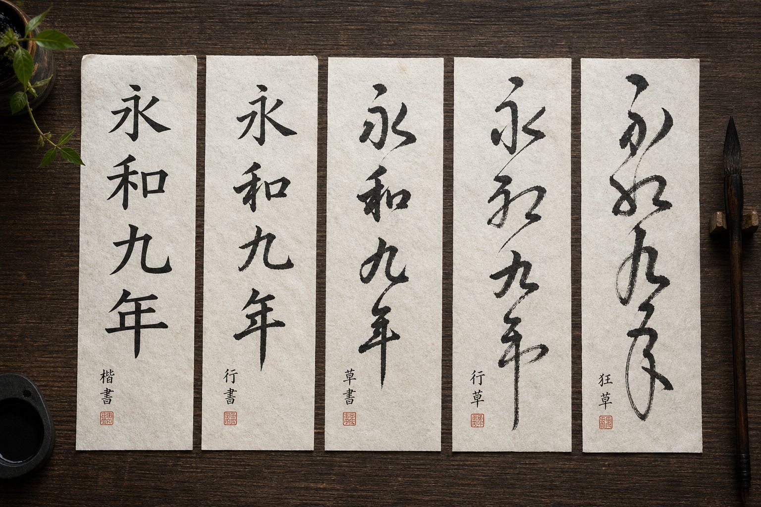 five major chinese calligraphy scripts showing the visual range from structured regular script to expressive cursive