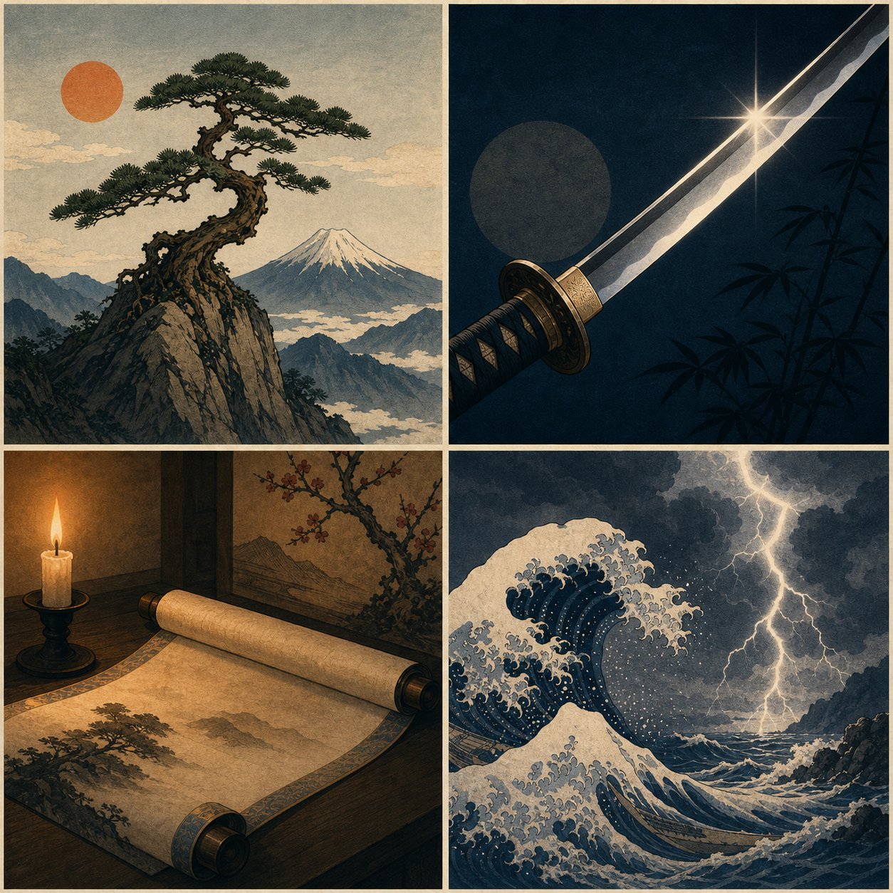 four thematic categories of japanese male names represented through traditional visual motifs