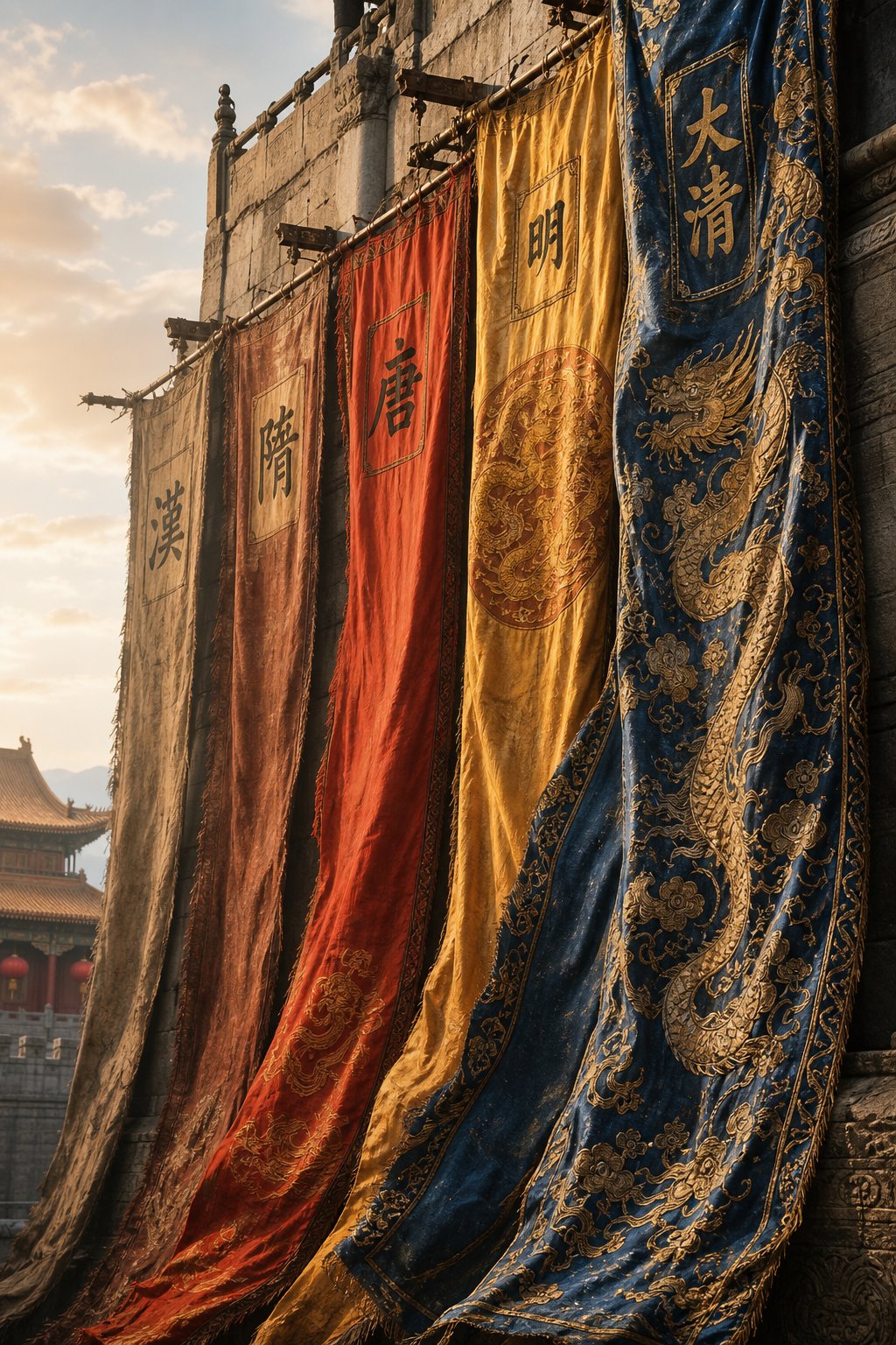 imperial silk banners representing the progression of chinese dynasties from han through qing
