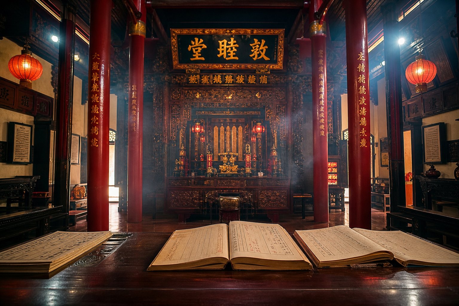inside a malaysian chinese clan association hall where genealogical records and ancestral connections are preserved