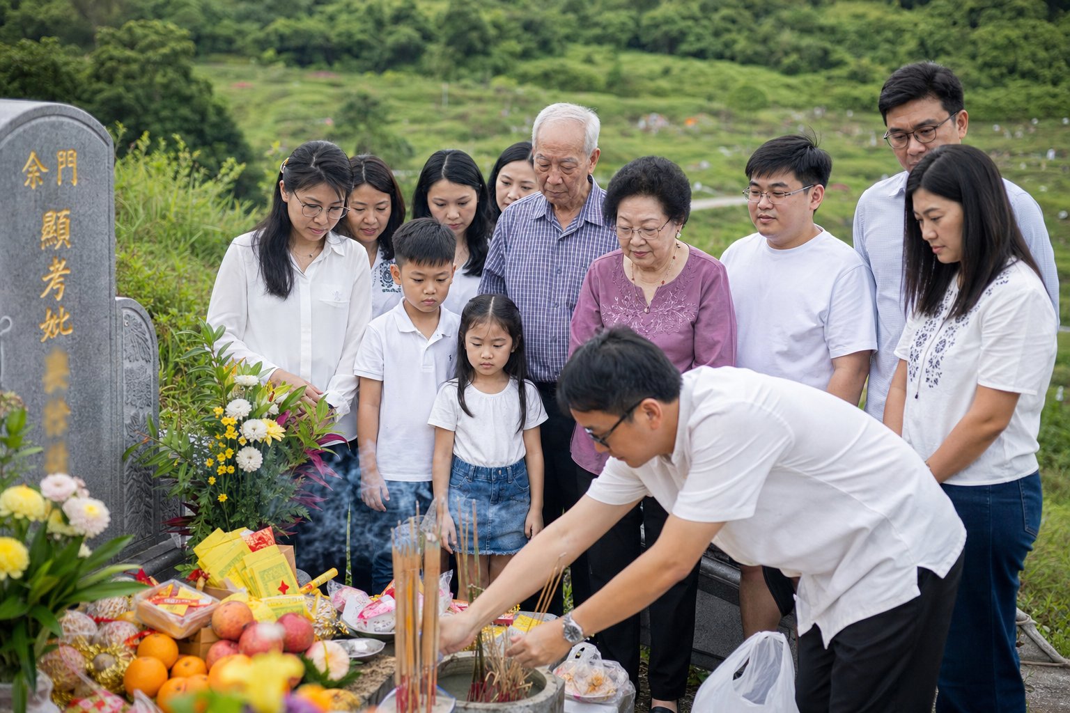 malaysian chinese family observing qing ming festival where surnames on headstones connect generations to ancestral roots