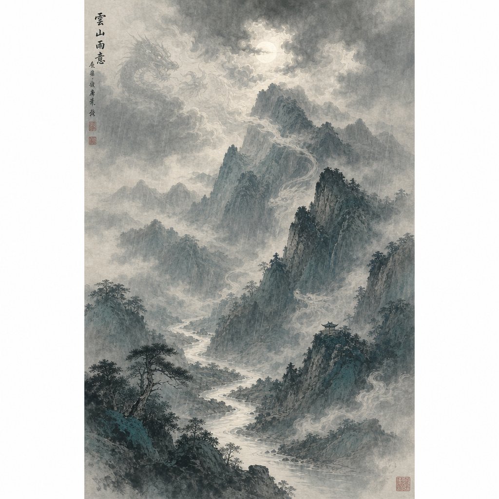 misty mountain rainfall evoking the dragon's mythological role as bringer of rain and celestial guardian