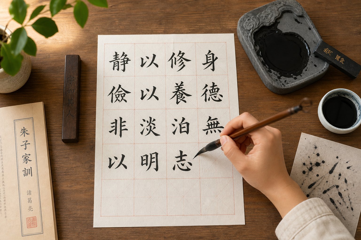 practicing chinese peace characters with brush and grid paper following proper stroke order