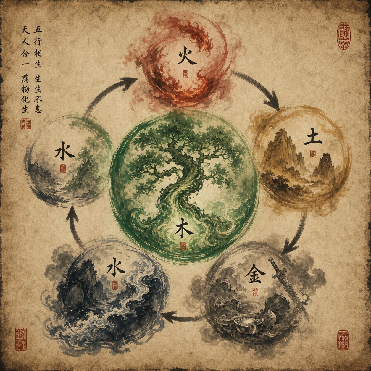 the five elements cycle showing how fire and metal conflict with the rabbit's wood energy