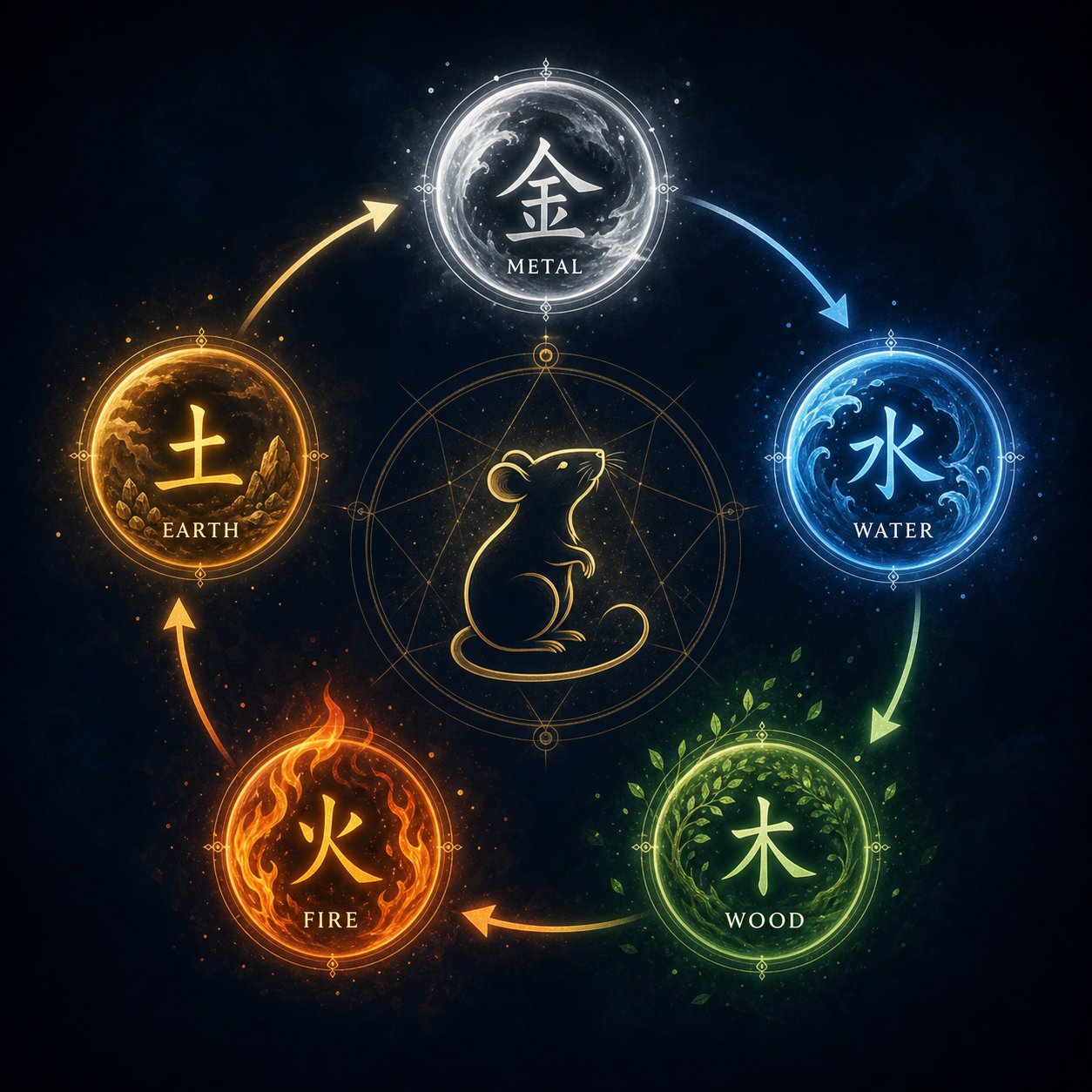 the five elements cycle showing how metal water wood fire and earth interact with the rat zodiac sign