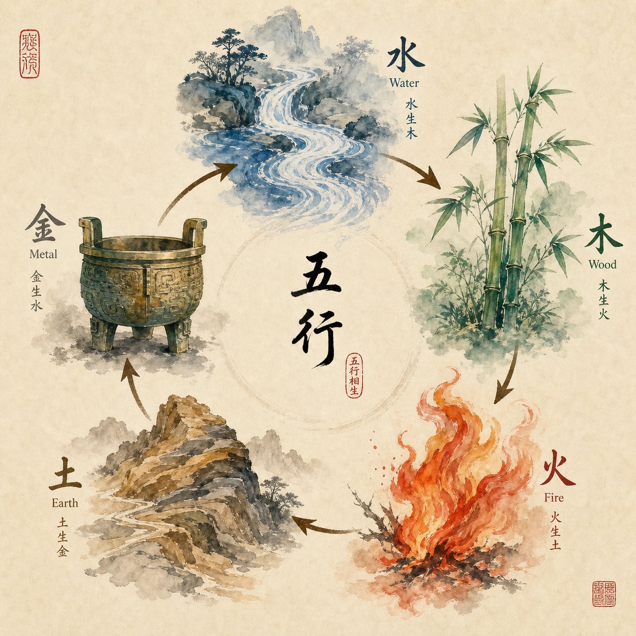 the five elements generating and overcoming cycles determine whether a name's three talents configuration is harmonious