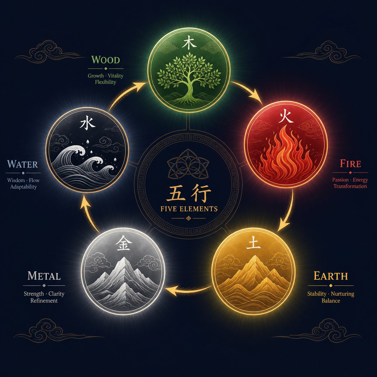 the five elements productive cycle showing how each phase nourishes the next in feng shui naming
