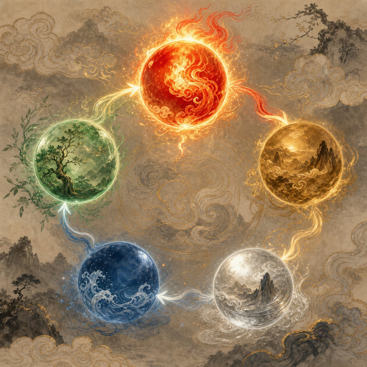 the five elements (wu xing) cycle showing how wood fire earth metal and water interact in chinese naming philosophy
