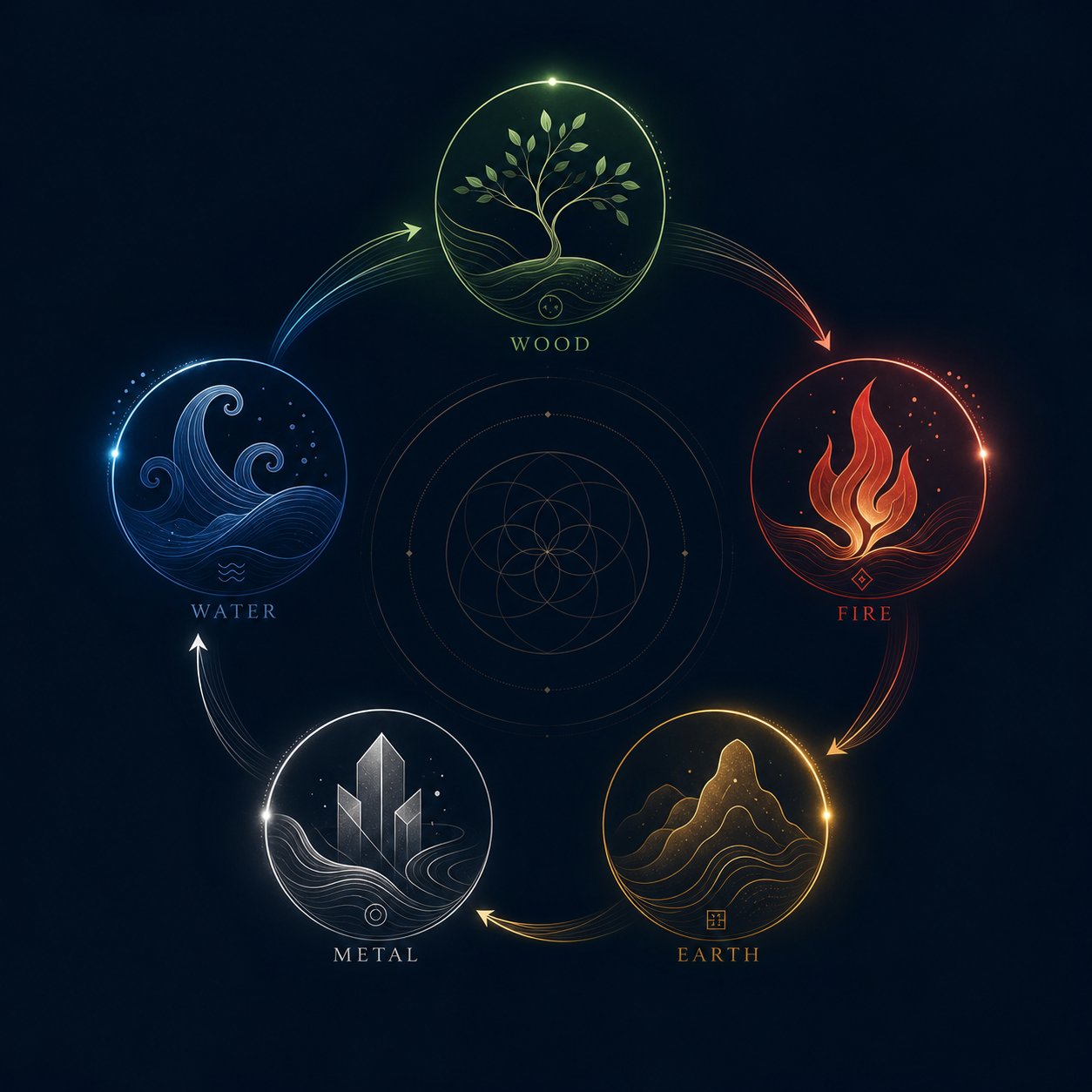 the five elements (wu xing) cycle that guides health related chinese name selection
