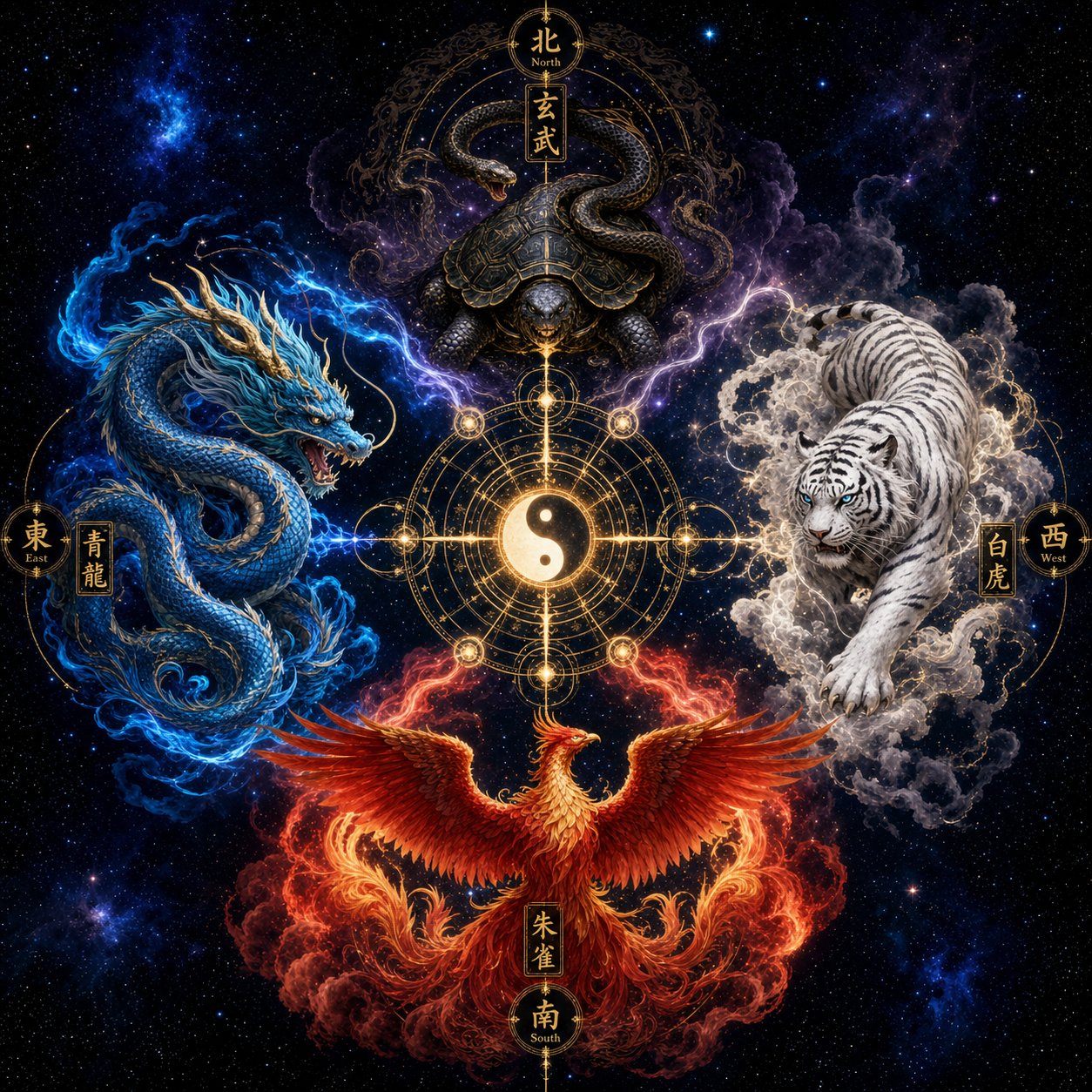 the four sacred beasts of chinese mythology positioned at their cardinal directions