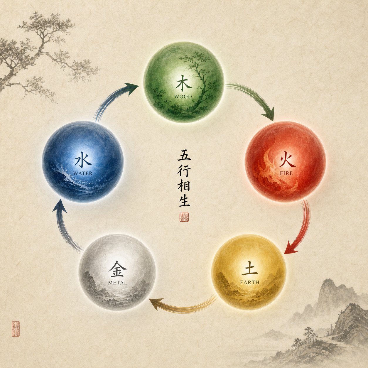 the productive cycle of five elements showing how each energy phase supports the next in feng shui naming