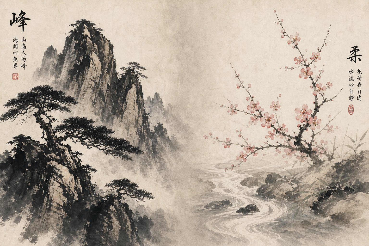 traditional ink wash art contrasting masculine mountain imagery with feminine floral motifs in chinese gendered naming