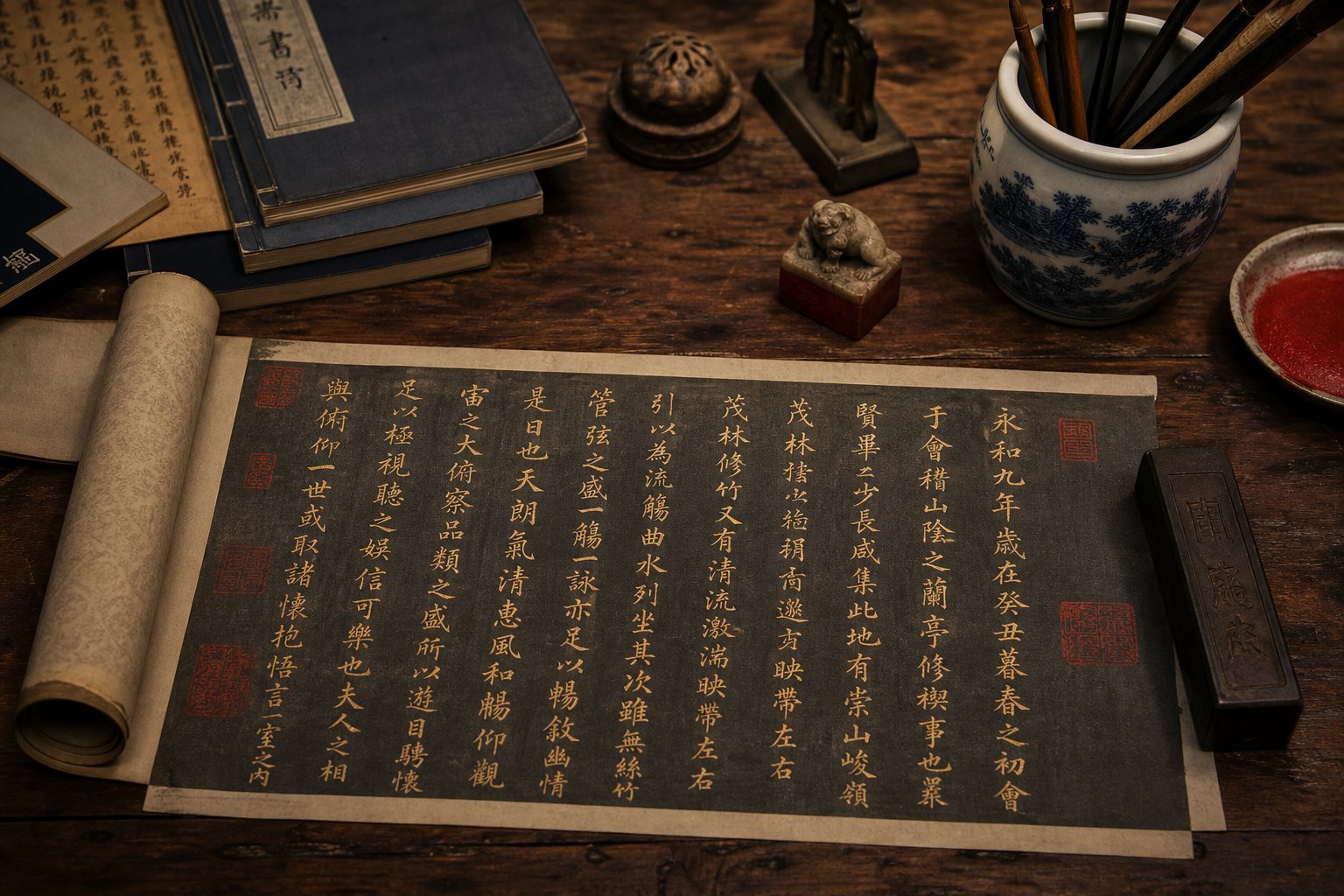 traditional scholar's desk with calligraphy tools and a rat seal stamp representing the complete character selection process