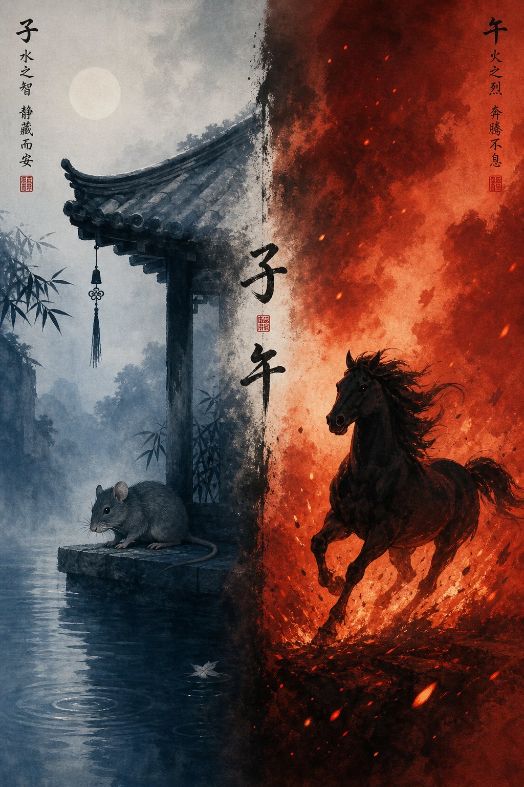 visual contrast between harmonious water rat energy and conflicting fire horse elements in zodiac character selection