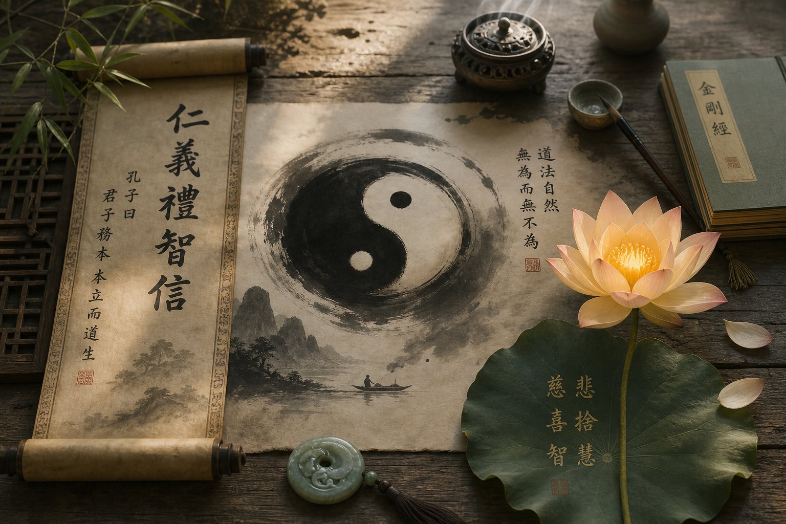 visual representation of confucian daoist and buddhist approaches to peace in chinese philosophy