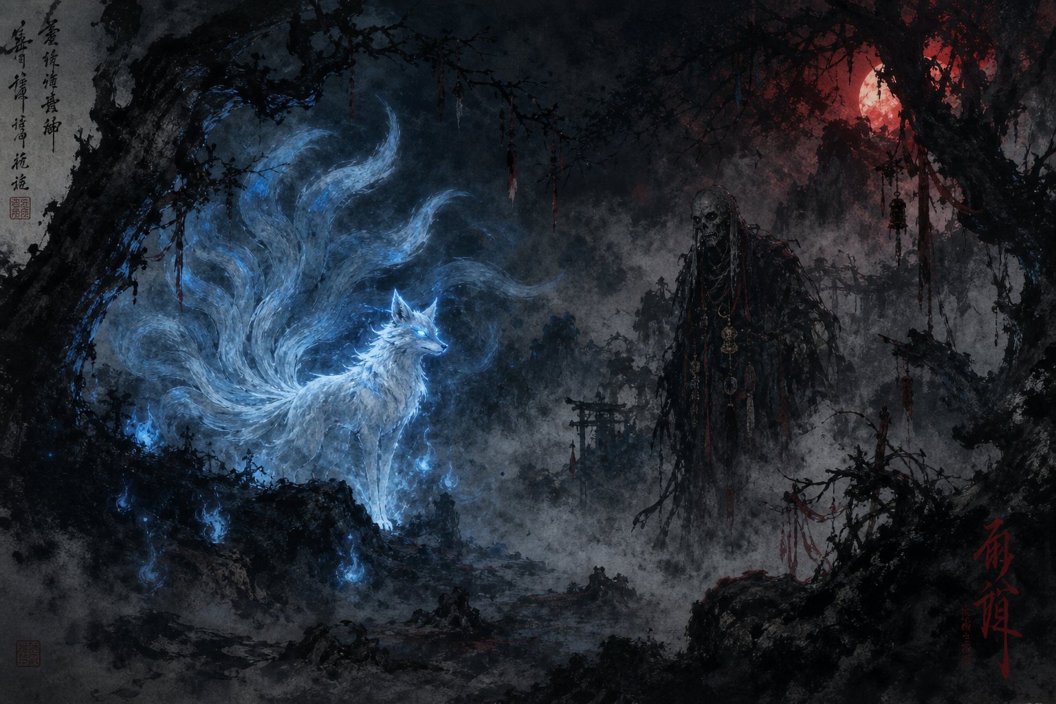 yaoguai spirits emerging from misty ancient forests in chinese demon folklore