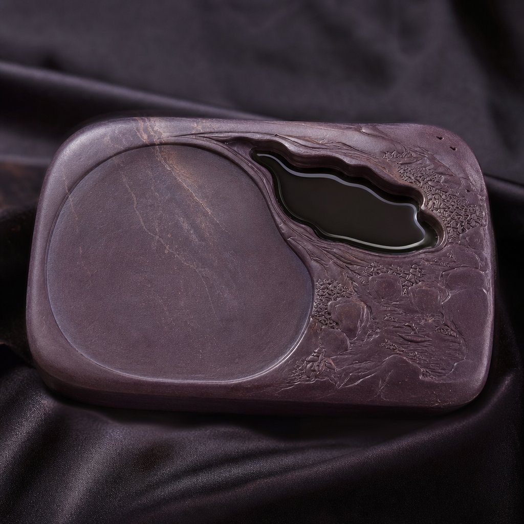 a carved duan inkstone with its smooth grinding surface and ink well ready for use