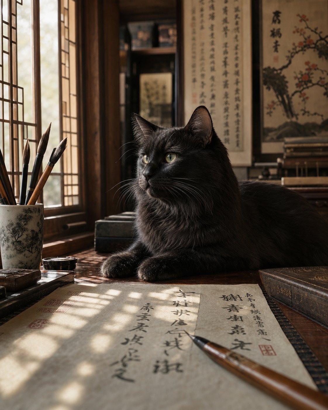 a cat in a traditional chinese study room reflecting the literary tradition of giving pets culturally meaningful names