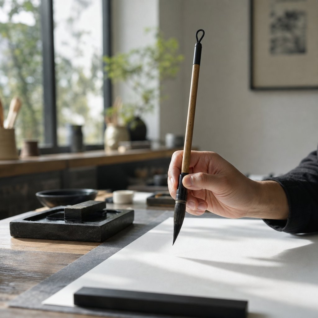 a modern calligrapher practicing with traditional brush and ink continuing the living legacy of the four treasures