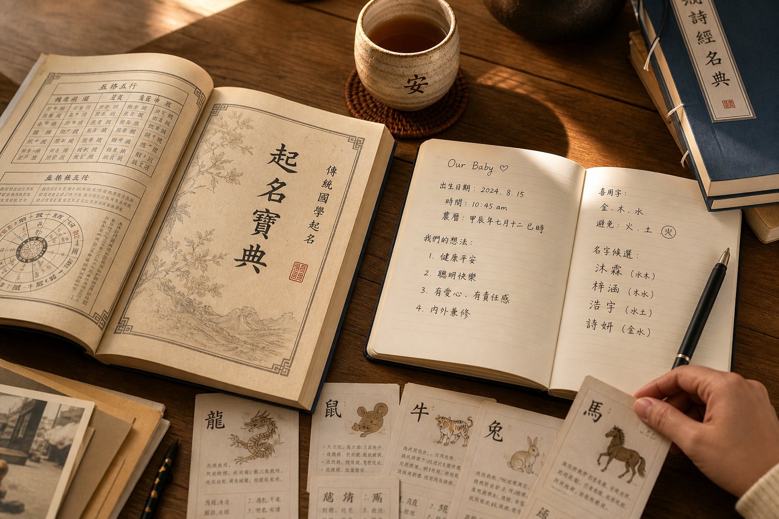 a parent's naming workspace blending traditional chinese zodiac references with modern planning tools