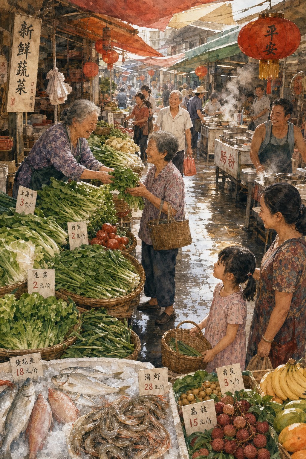 a southern chinese market scene where dialect nicknames survive in daily conversation between generations