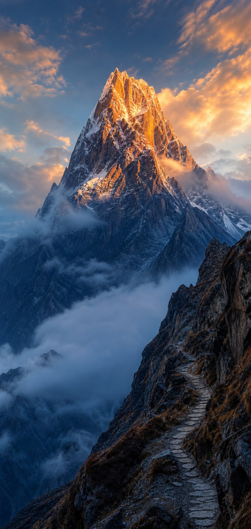 a towering peak breaking through clouds at dawn representing the ambition and achievement encoded in chinese mountain names