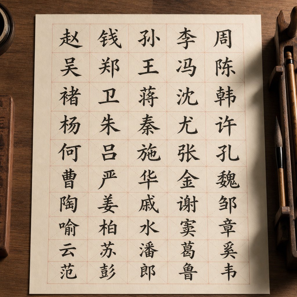 common chinese surname characters written with correct stroke structure on practice grid paper