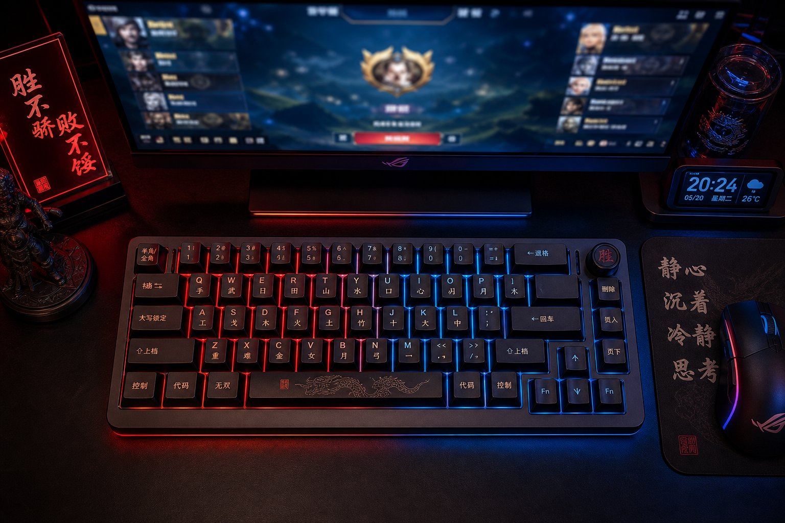 gaming setup with chinese character aesthetics representing esports username culture