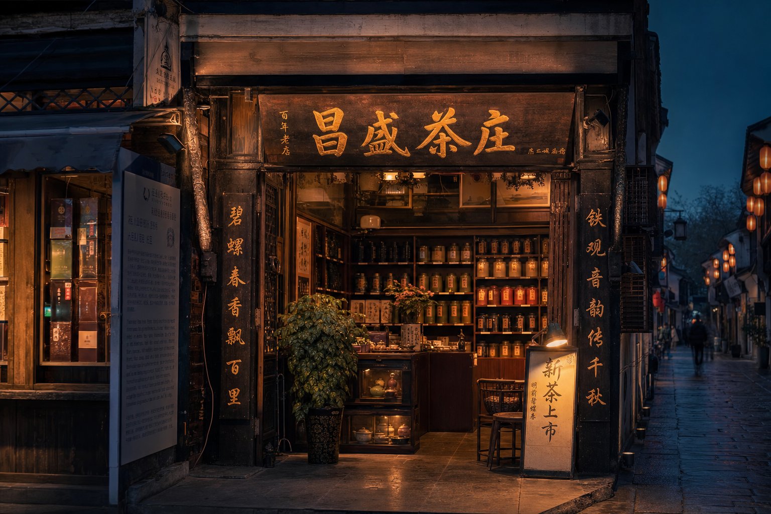 traditional chinese tea shop storefront where heritage brand names have been displayed for over a century