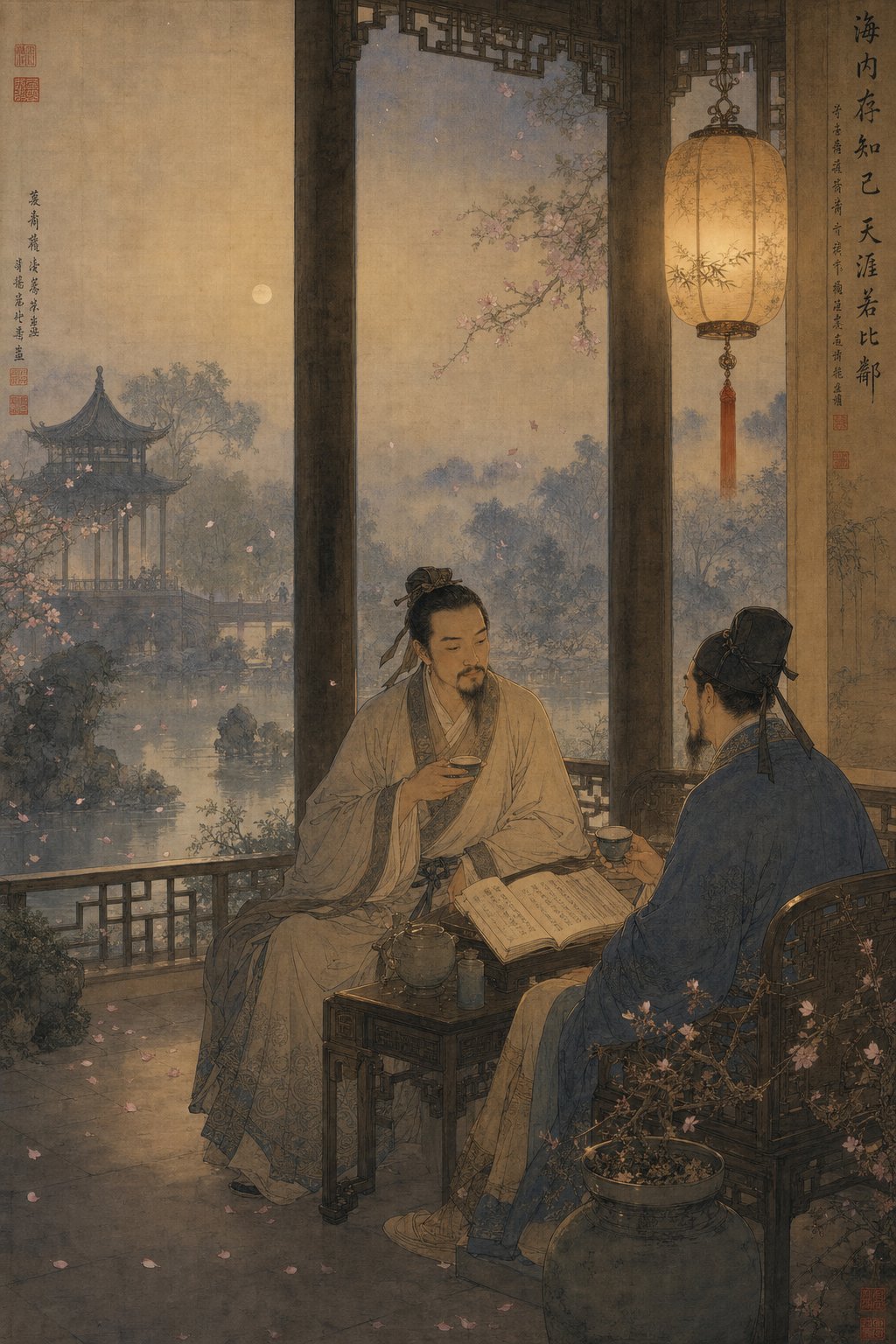 two scholars sharing literary references in a traditional pavilion reflecting how classical poetry becomes intimate nicknames